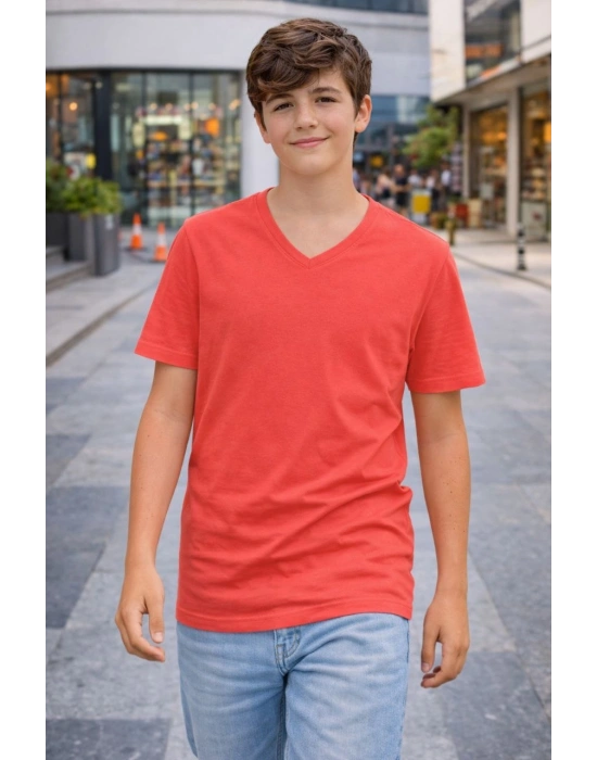 Genç Erkek Çocuk V Yaka Tişört Model - Nar Çiçeği