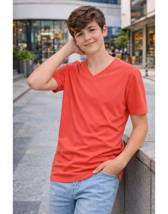 Genç Erkek Çocuk V Yaka Tişört Model - Nar Çiçeği