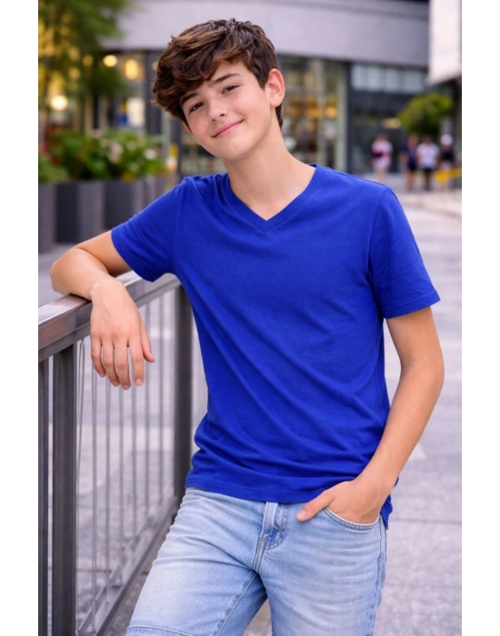Genç Erkek Çocuk V Yaka Tişört Model - Saks Mavisi