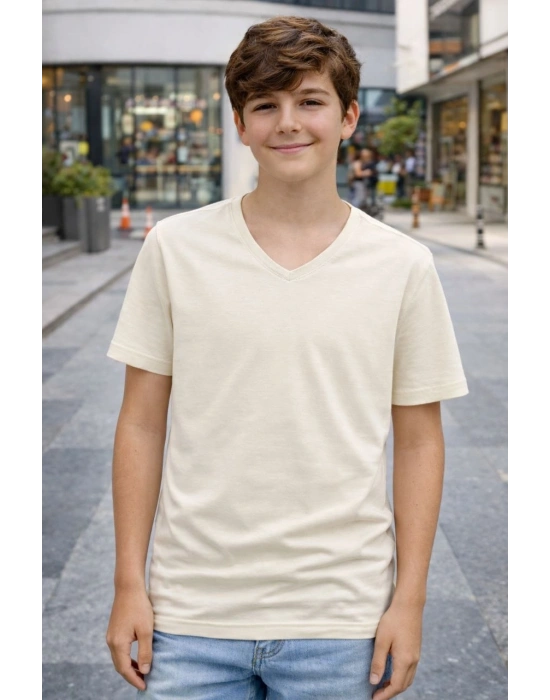 Genç Erkek Çocuk V Yaka Tişört Model - Taş