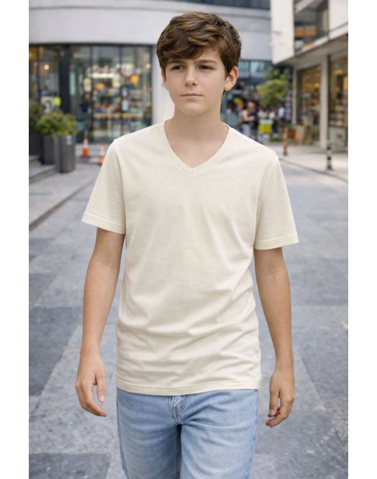 Genç Erkek Çocuk V Yaka Tişört Model - Taş
