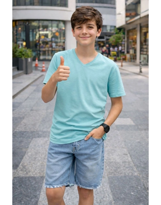 Genç Erkek Çocuk V Yaka Tişört Model - Turkuvaz
