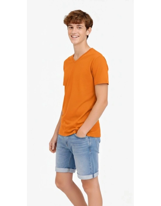 Genç Erkek Çocuk V Yaka Tişört Model - Turuncu