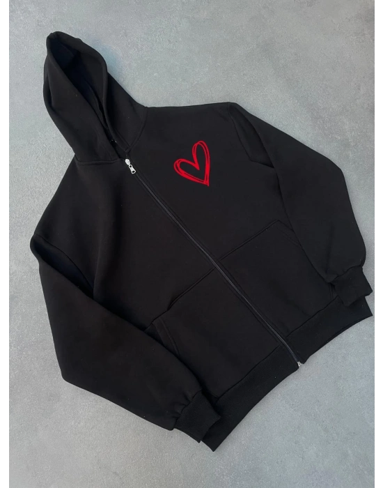 Kadın 3 İplik Baskılı Fermuarlı Kapüşonlu Hırka - Siyah