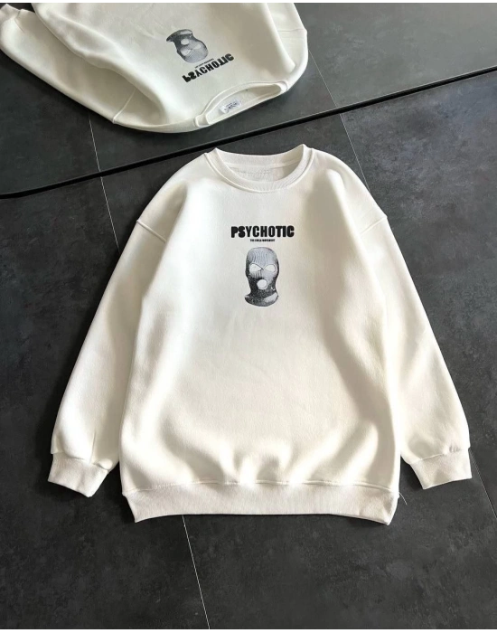 Kadın 3 iplik Kışlık Bisiklet Yaka Baskılı SweatShirt - Beyaz