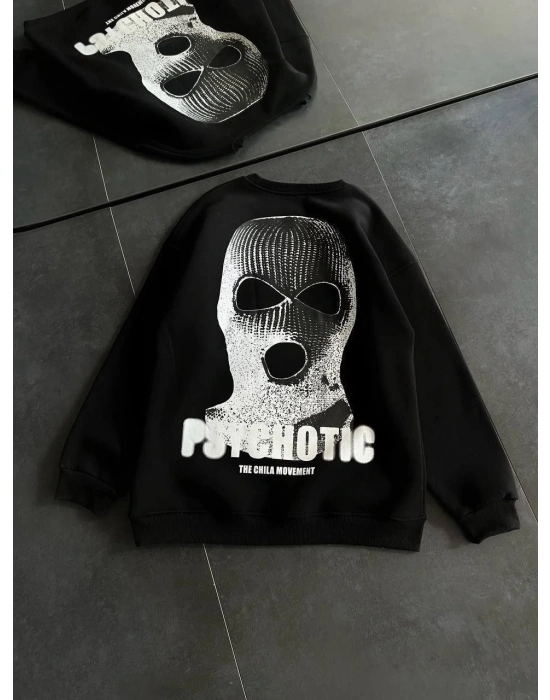 Kadın 3 iplik Kışlık Bisiklet Yaka Baskılı SweatShirt - Siyah