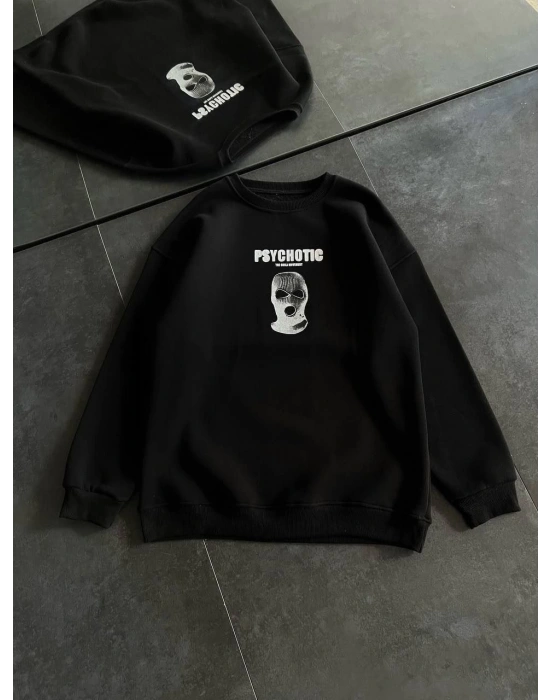 Kadın 3 iplik Kışlık Bisiklet Yaka Baskılı SweatShirt - Siyah