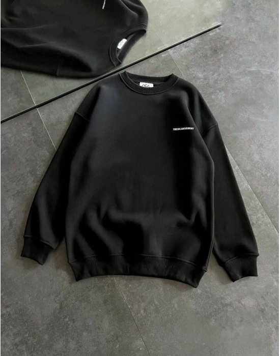 Kadın 3 iplik Kışlık pamuklu Bisiklet Yaka Oversize Baskılı SweatShirt - Siyah