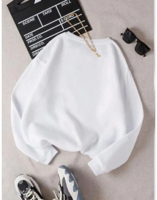 Kadın 3 İplik Pamuklu Bisikilet Yaka SweatShirt - Beyaz