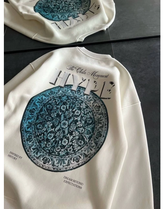 Kadın 3 İplik Pamuklu Bisiklet Yaka Baskılı SweatShirt - Beyaz