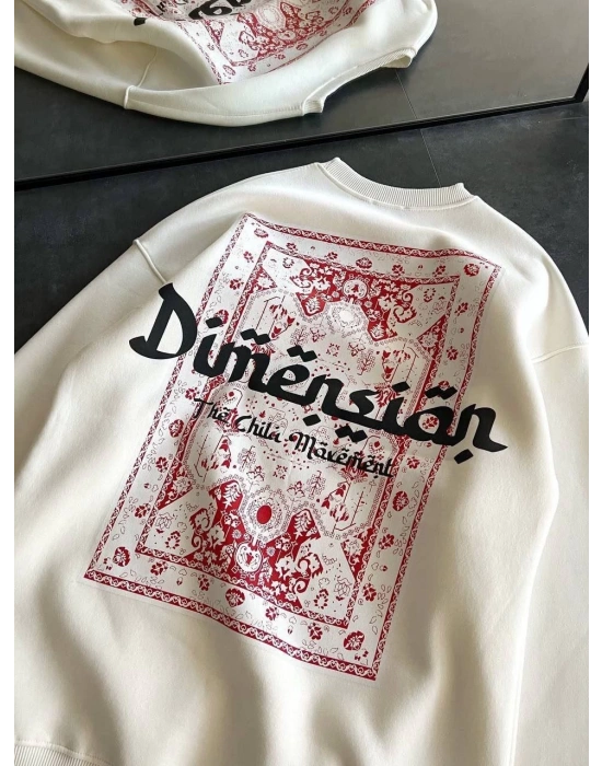 Kadın 3 İplik Pamuklu Bisiklet Yaka Baskılı SweatShirt - Beyaz