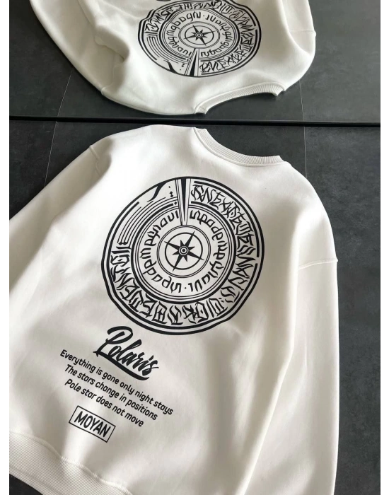 Kadın 3 iplik Pamuklu Bisiklet Yaka Baskılı SweatShirt - Beyaz