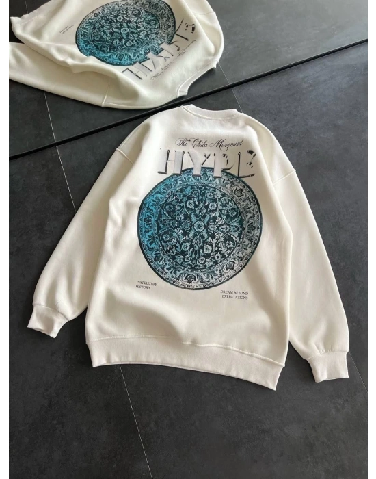 Kadın 3 İplik Pamuklu Bisiklet Yaka Baskılı SweatShirt - Beyaz