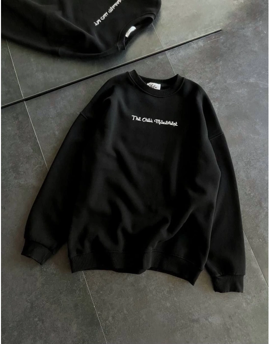 Kadın 3 İplik Pamuklu Bisiklet Yaka Baskılı SweatShirt - Siyah