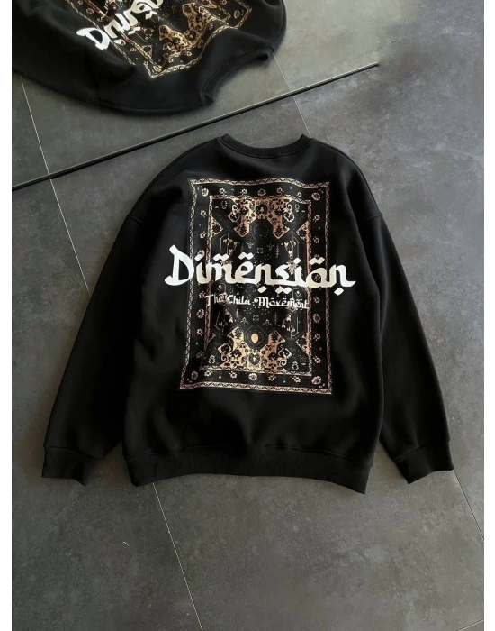 Kadın 3 İplik Pamuklu Bisiklet Yaka Baskılı SweatShirt - Siyah