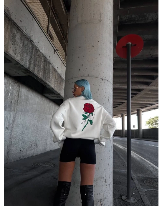 Kadın 3 iplik Pamuklu Bisiklet Yaka GÜL Baskılı SweatShirt - BeyazBeyaz