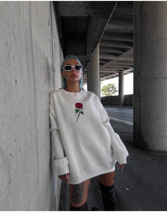 Kadın 3 iplik Pamuklu Bisiklet Yaka GÜL Baskılı SweatShirt - BeyazBeyaz