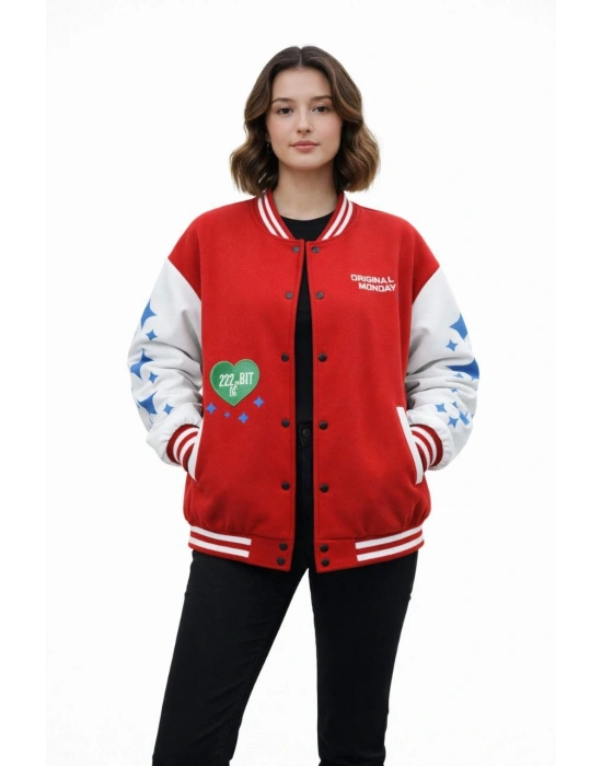 Kadın 3 İplik Pamuklu Çıtçıtlı. Baskılı Oversize Kalıp Kolej Ceket - Kırmızı