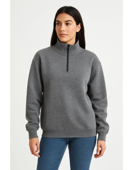 Kadın 3 İplik Pamuklu Dık Yaka Yarım Fermuarlı SweatShirt - Antrasit