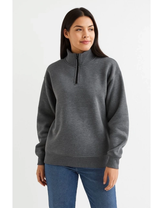 Kadın 3 İplik Pamuklu Dık Yaka Yarım Fermuarlı SweatShirt - Antrasit