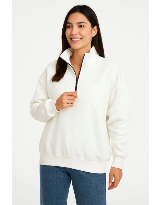 Kadın 3 İplik Pamuklu Dık Yaka Yarım Fermuarlı SweatShirt - Beyaz