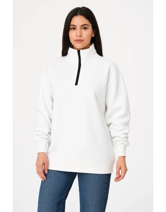 Kadın 3 İplik Pamuklu Dık Yaka Yarım Fermuarlı SweatShirt - Beyaz