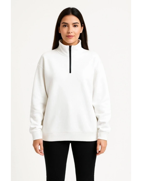 Kadın 3 İplik Pamuklu Dık Yaka Yarım Fermuarlı SweatShirt - Beyaz