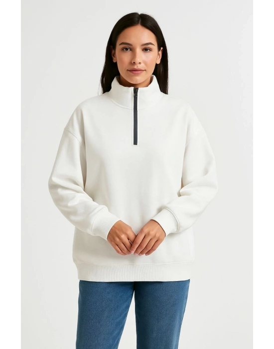 Kadın 3 İplik Pamuklu Dık Yaka Yarım Fermuarlı SweatShirt - Beyaz