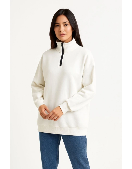 Kadın 3 İplik Pamuklu Dık Yaka Yarım Fermuarlı SweatShirt - Beyaz