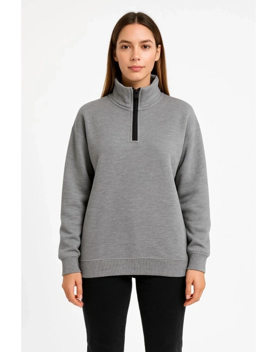 Kadın 3 İplik Pamuklu Dık Yaka Yarım Fermuarlı SweatShirt - Gri