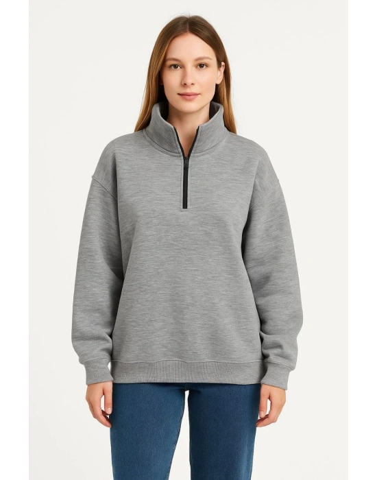 Kadın 3 İplik Pamuklu Dık Yaka Yarım Fermuarlı SweatShirt - Gri