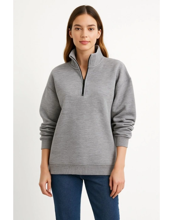 Kadın 3 İplik Pamuklu Dık Yaka Yarım Fermuarlı SweatShirt - Gri