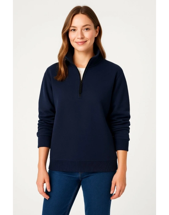 Kadın 3 İplik Pamuklu Dık Yaka Yarım Fermuarlı SweatShirt - Lacivert