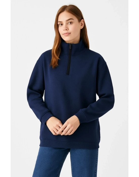 Kadın 3 İplik Pamuklu Dık Yaka Yarım Fermuarlı SweatShirt - Lacivert