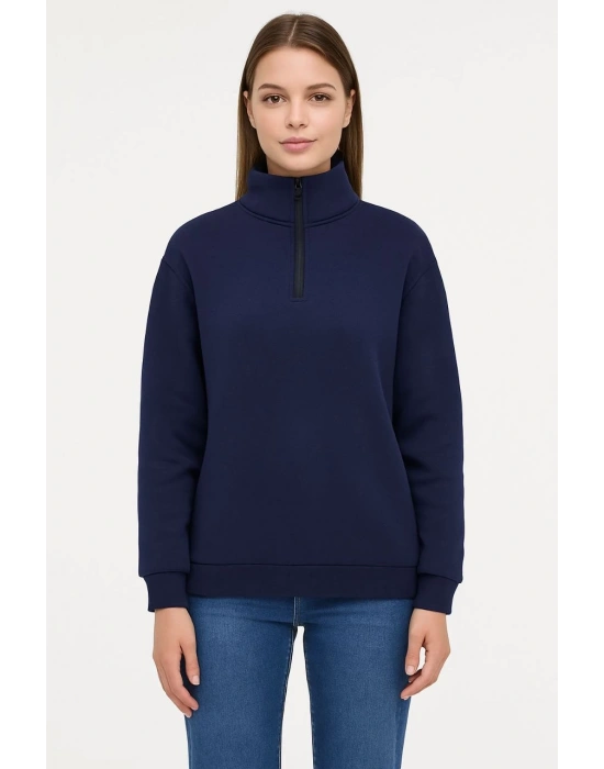 Kadın 3 İplik Pamuklu Dık Yaka Yarım Fermuarlı SweatShirt - Lacivert