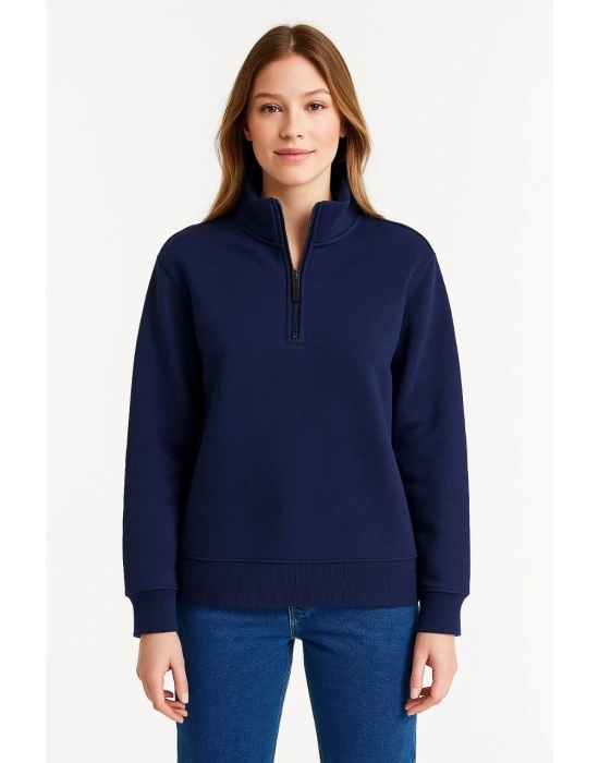 Kadın 3 İplik Pamuklu Dık Yaka Yarım Fermuarlı SweatShirt - Lacivert