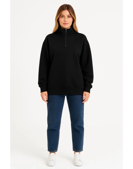 Kadın 3 İplik Pamuklu Dık Yaka Yarım Fermuarlı SweatShirt - Siyah
