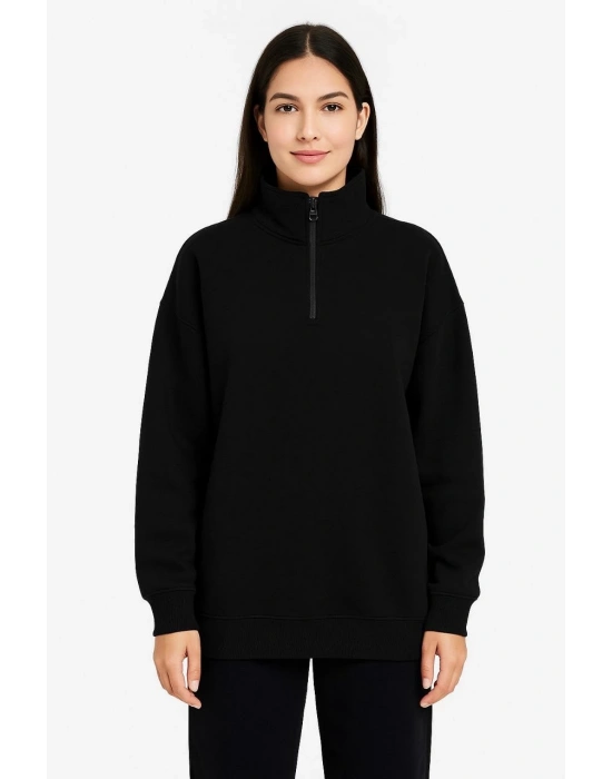 Kadın 3 İplik Pamuklu Dık Yaka Yarım Fermuarlı SweatShirt - Siyah
