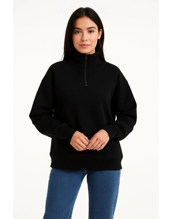 Kadın 3 İplik Pamuklu Dık Yaka Yarım Fermuarlı SweatShirt - Siyah