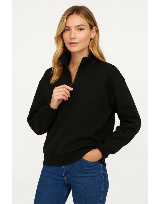 Kadın 3 İplik Pamuklu Dık Yaka Yarım Fermuarlı SweatShirt - Siyah