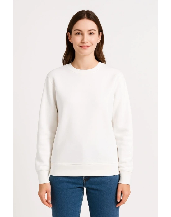 Kadın 3 İplik Pamuklu Düz Bisiklet Yaka SweatShirt - Beyaz