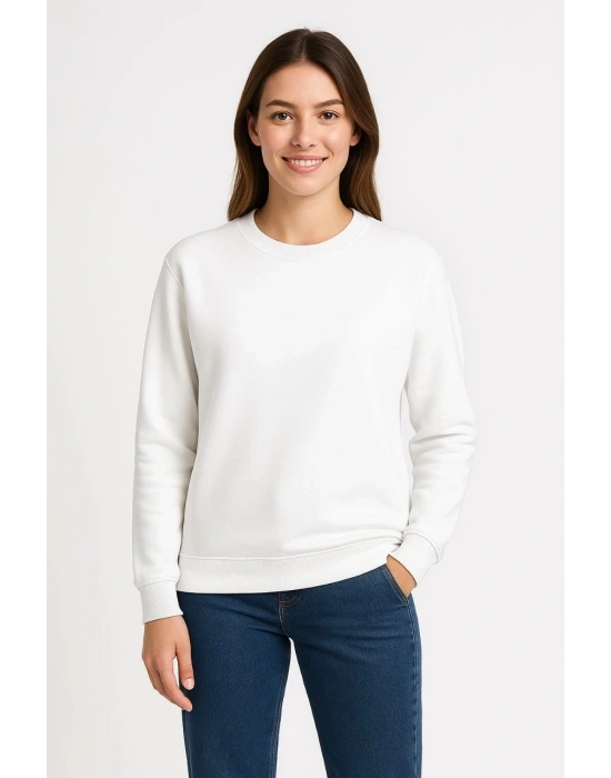 Kadın 3 İplik Pamuklu Düz Bisiklet Yaka SweatShirt - Beyaz