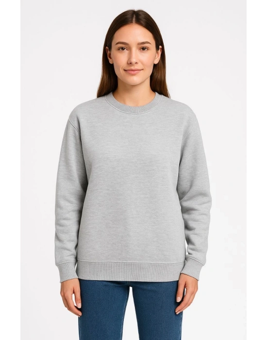 Kadın 3 İplik Pamuklu Düz Bisiklet Yaka SweatShirt - Gri