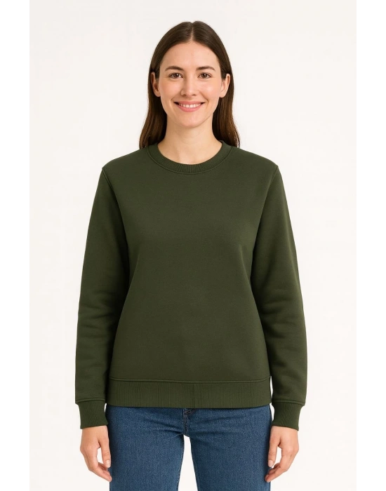 Kadın 3 İplik Pamuklu Düz Bisiklet Yaka SweatShirt - Haki