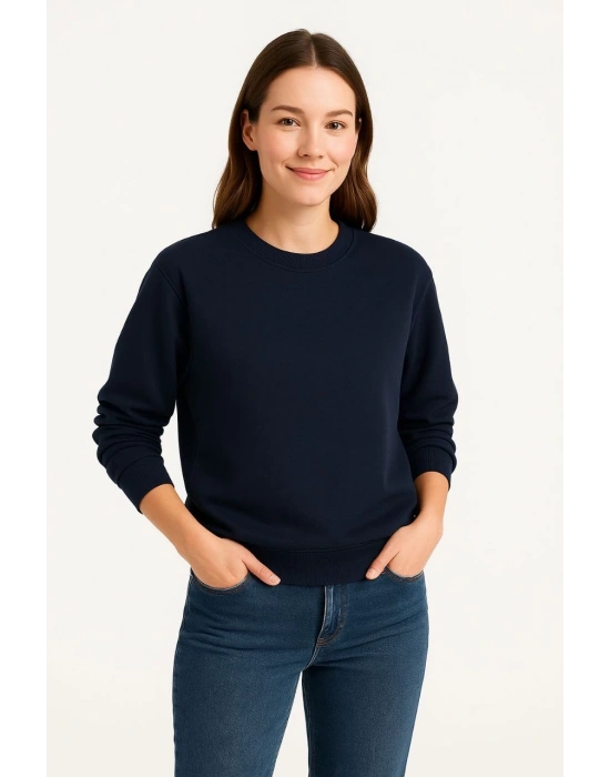 Kadın 3 İplik Pamuklu Düz Bisiklet Yaka SweatShirt - Lacivert