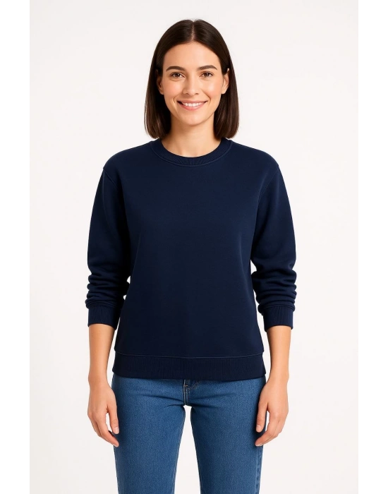 Kadın 3 İplik Pamuklu Düz Bisiklet Yaka SweatShirt - Lacivert