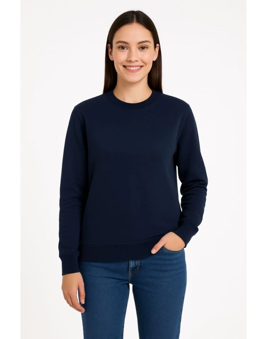 Kadın 3 İplik Pamuklu Düz Bisiklet Yaka SweatShirt - Lacivert