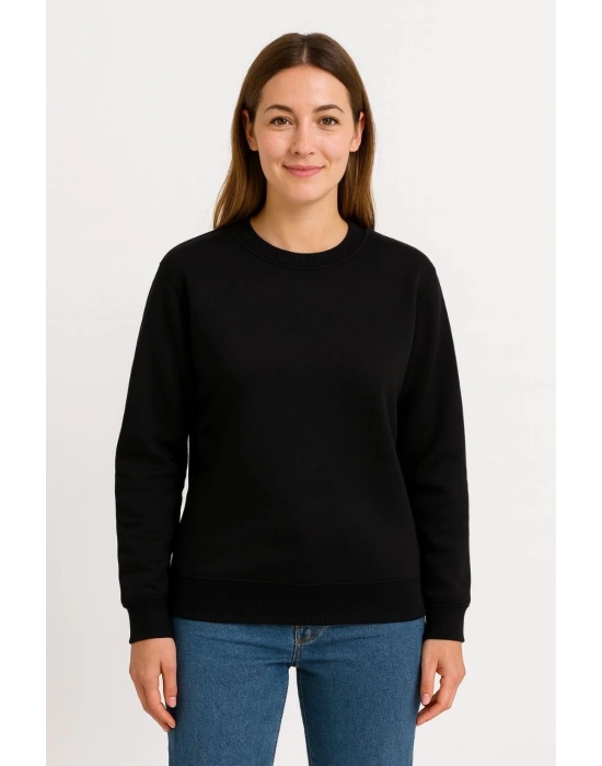 Kadın 3 İplik Pamuklu Düz Bisiklet Yaka SweatShirt - Siyah