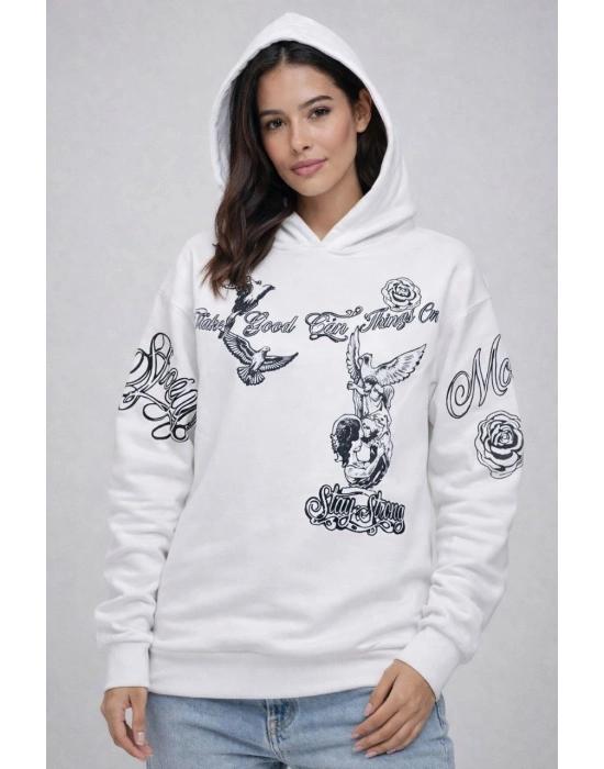 Kadın 3 İplik Pamuklu Kapüşonlu Baskılı SweatShirt hoodie - Beyaz