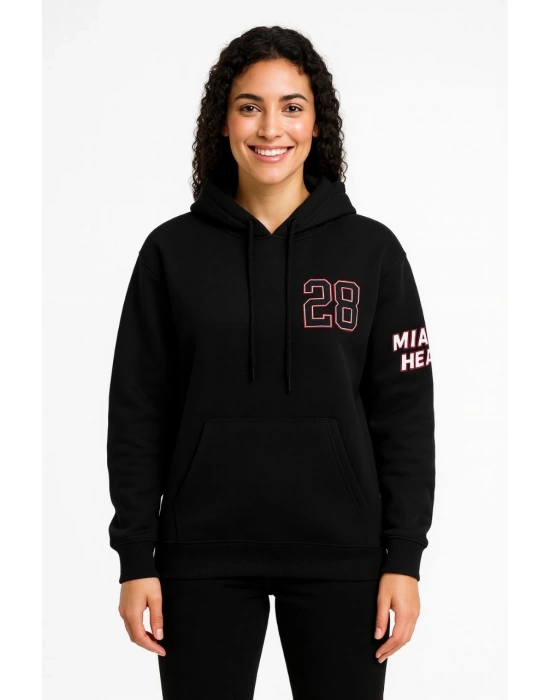 Kadın 3 İplik Pamuklu Kapüşonlu Kanguru Cepli Baskılı Hoodie Sweatshirt - Siyah
